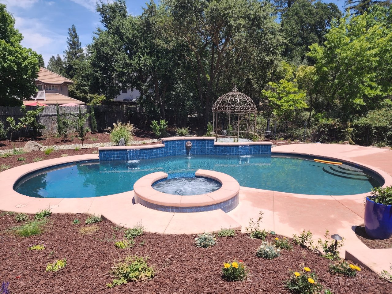 Overhead view of a custom residential pool with spa
